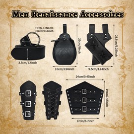 DARFULA 6 Pcs Medieval Knight Accessories Set Renaissance Viking Belt Pouch Leather Bracers Sword Frog Black Cape,Double Shoulder Armor