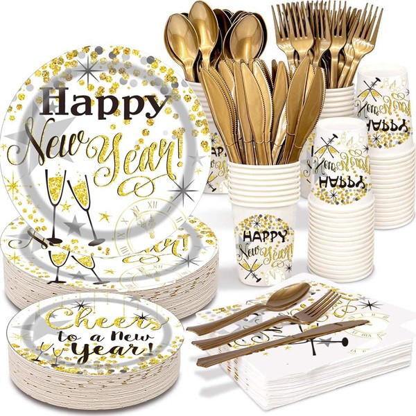 PAMMYAN 2024 Happy New Year Party Supplies Tableware Set - 152 PCS Disposable Dinnerware Tablecloth Set - Gold Paper Plates Napkins Cups, Gold Plastic Forks Knives Spoons for New Years Eve Party