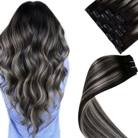 LaaVoo Clip in Hair Extensions Real Human Hair 5pcs 80g 18 inch Black with Natural Silver Hair Extensions Clip in Remy Human Hair Extensions Clip in Real Hair #1b/s/1b