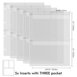 5 Pack A4 Size Plastic Binder Pockets,4 Holes Waterproof PVC Folders Loose Leaf Bag forBudgeting Loose Leaf Bags Planner Insert Pouches Photo,Document, Stamp & Die Storage Bills Organizer (3 Grid)