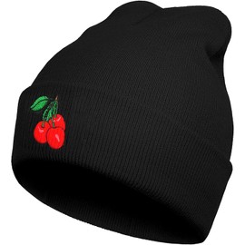 FATTTYCY Black Cherry Beanie Hat Winter Embroidered Knit Cap for Men Women