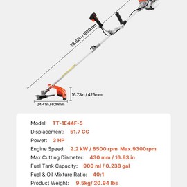 VEVOR String Trimmer, 51.7CC 2-Stroke, Gas Powered Weed Wacker, 16.9" Cordless Grass Trimmer, Multi-Functional Lawn Edger with Shoulder Strap & 3T Blade, Weed Eater for Quick Grass Cleaning:_52 CC