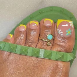 Pack of 24 False Toenails, Short Artificial Toenails, French Flower, Square Press on Toenails, Acrylic Toenails, Nail Tips Kit for Women, Girls, Nail Decoration