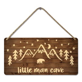 Little Man Cave Sign Woodland Nursery Wall Decor for Baby Boys Rustic Bear Forest Animal Wood Signs, Nursery Room Decor for Boys Bedroom Farmhouse Sign Wooden Wall Art 10x8 Inch