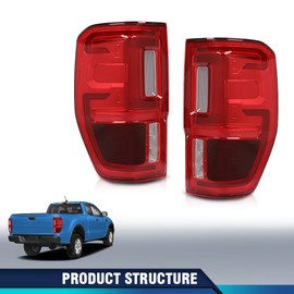 PIT66 LED Tail Lights Taillight Assembly Pair Compatible with Ford Ranger 2019-2023 with Blind Spots Models KB3Z-13405-G, KB3Z-13404-G Red Lens Rear Brake Lamps Driver & Passenger Side