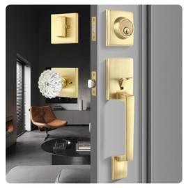 Heittis Entry Door Handles with Deadbolt Set,Gold Square Front Glass Door Knobs,Single Cylinder Combo Sets Reversible for Entrance