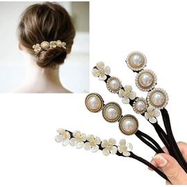 YOEMAYUNER Hair Bun Maker with Pearl Flower Decor, 4Pcs Lazy Hair Curler French Twist Hairstyle Bun Former Maker Vintage Hair Styling Accessories,Reusable Quick Bun Maker for Thin Hair
