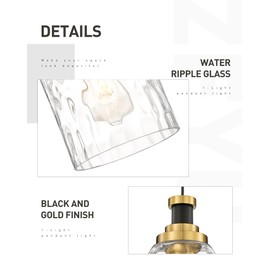 zeyu 2 Pack Modern Kitchen Pendant Lighting Over Island, Hanging Light Fixture for Dining Room, Water Ripple Glass Shade, Black and Gold Finish, ZG33M1L-2L BK+BG-WG