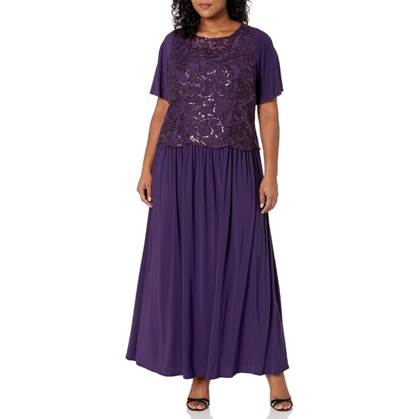 Le Bos Women's Plus Size Embellished Sequins Flared Sleeve Long Dress, Eggplant, 24W