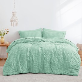 Love's cabin Seersucker Light Green 7 Pieces Comforter Set Full, All Season Bedding Set, Full Bed in a Bag Comforter Set with Comforter, Flat Sheet, Fitted Sheet, Pillowcase and Pillow Sham