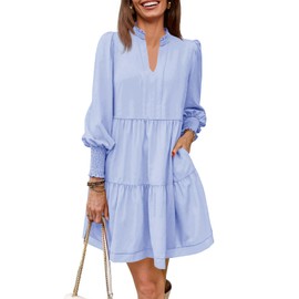 Imily Bela Womens Fall Long Sleeve Tunic Dress Casual V Neck Loose Ruffle Tiered Dress A-Light Blue