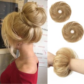 SPIKFN 2PCS Messy Bun Hair Piece Human Hair Natural Curly 100% Real Human Hair Chignons Scrunchies Hair Fluffy Hair Buns for Women Bun Donut Updo Hair Pieces Bun Extension (#27 Honey Blonde)