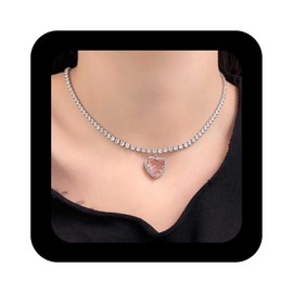 Allereya Vintage Pink Crystal Heart Necklace Tennis Chain Necklace Silver Tennis Choker Necklace Cz Heart Pendent Necklace Pink Gemstone Heart Chain Necklace Jewelry for Women