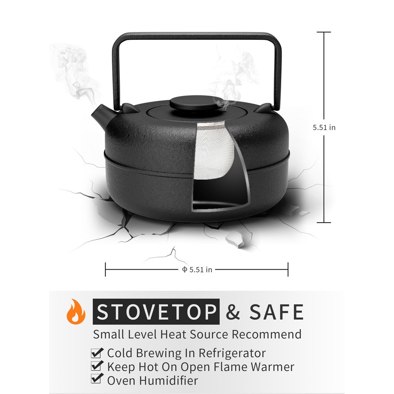 Toptier Teapot with Removable Infuser, Cast Iron Tea Kettle Stovetop
