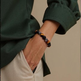 Hemys Hematite Protection Bracelet,Tiger Eye Black Obsidian Healing Crystals Bracelets Beaded Natural Stone Good Luck Bracelet Jewelry Gifts for Women&Men (Tiger Eye)