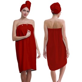 Women's Bath Towel Wrap Set with Hair Turban, Red, Microfiber, Chest 39.4-59in, 31.5x59 inches