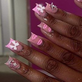 yefiuo Valentines Press on Nails Short Square Nail Tips Hot Pink French Acrylic Fake Nails Press ons with Bow Rhinestones Charms Design Glue on Nails Full Cover False Nails Art Kit for Women 24 Pcs