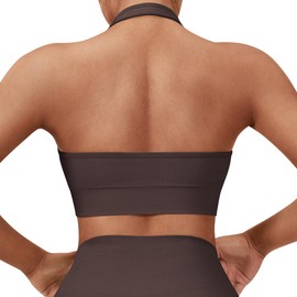 SUUKSESS Women Seamless Halter Sports Bra Open Back Padded Workout Crop Tank Tops (Dark Brown, M)