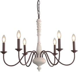 French Country Chandelier,6-Light Farmhouse Chandelier Vintage Candle Dining Room Lighting Fixture Brown White Antique Industrial Chandelier for Living Room Kitchen Island Foyer Bedroom Lighting