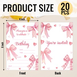 HQLOW 20 Pack Bow Pink Birthday Party Invitations with Envelopes for Girls Teens Adults, Birthday Celebration Party Invites Invitation Cards -11