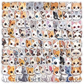 Cute Cat Stickers, 100 Pieces Cartoon Animals Stickers for Boys Girls Teens Waterproof Vinyl Kawaii Kitten Stickers