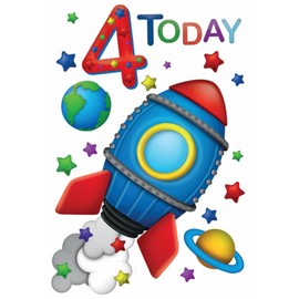 Age 4 Boy 4th Birthday Card - Blue & Red Rocket With Planets & Stars 7.75x5.25"