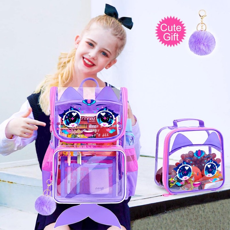 KLFVB 3PCS Girls Clear Bookbag, 15" Mermaid Transparent Backpack for