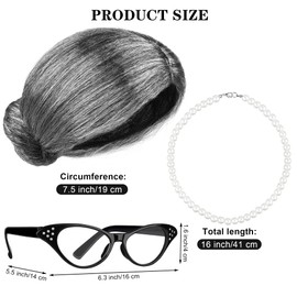 Cooraby 3 Piece 100 Days of School Grey Wig Grandma Wig Glasses Artificial Pearl Necklace Fancy Granny Costume Set
