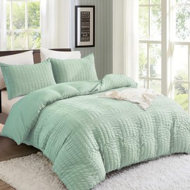 3 Pieces Light Green Double Duvet Cover Seersucker Duvet Cover Set,Puckering Lightweight Microfiber Bedding Set with Zipper Closure 200x200 cm