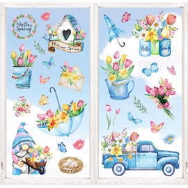 JarThenaAMCS 9 Sheets Spring Summer Tulip Window Clings Blue Gnome Flower Umbrella Truck Window Stickers Hello Spring Double-Side Floral Glass Decals for Home Office School Party Display Decoration