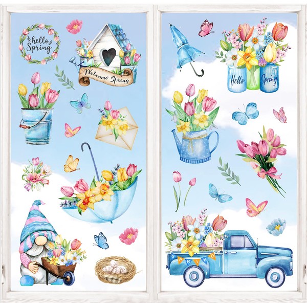 JarThenaAMCS 9 Sheets Spring Summer Tulip Window Clings Blue Gnome