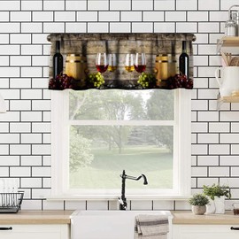 ZhiRain Wine Kitchen Valance Curtain Fresh Grapes Bottle Barrel Old Wooden Vintage Farmhouse Vineyard Rod Pocket Valance 1 Panel Short Curtains for Living Room Bathroom Bedroom Decor 54x18 in