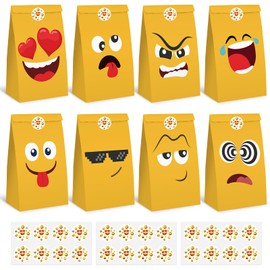 VGOODALL Emotion Face Gift Bags, 36PCS Yellow Smile Face Party Favor Bags Goodie Bags with Stickers for Kids Birthday Party 4.7"x3.1"x8.7"
