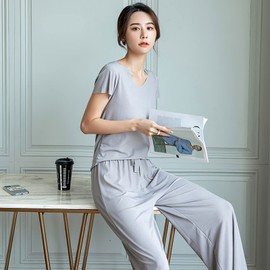 amropi Womens Summer Pyjamas Sets Ice Silk Satin Pajamas Set PJ Sets Short Sleeve Sleepwear Loungewear Light Grey, L