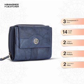 HAMMONDS FLYCATCHER Wallet for Women - Genuine Leather Ladies Wallet - 14 Card Slots - RFID Protection - 3 ID Card Slots - Women's Wallet -Daily Use, Women Money Purse, Antique Blue, Modern