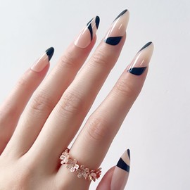 French Almond Press On Nails - LADYING Nude Fake Nails With Nail Glue, Glossy Acrylic Nails Stick On Nails in 12 Sizes - 24PCS Soft Gel Glue On Nails Kit for Women and Girls, Black French Line