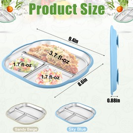 BUSOHA 2 Pack Stainless Steel Kids Plate with Suction - 9.4"X 8.6" Divided Toddler Baby Plates with Silicone Sleeves 2-in-1 Non-Slip Anti Breakage Metal Toddler Bowls