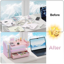Wood Desk Organizers and Accessories with File Holder, 4-Tier Desk Accessories & Workspace Organizers with Drawer and Pen Holder, Paper Organizer for Office Supplies (Pink)