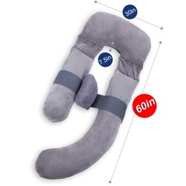 60in Full Body Pillow | Nursing, Maternity and Pregnancy Body Pillow | Awesling Extra Large U Shape Pillow and Lounger with Detachable Side, Separate Support Pillow and Removable Cover (Grey Blue)