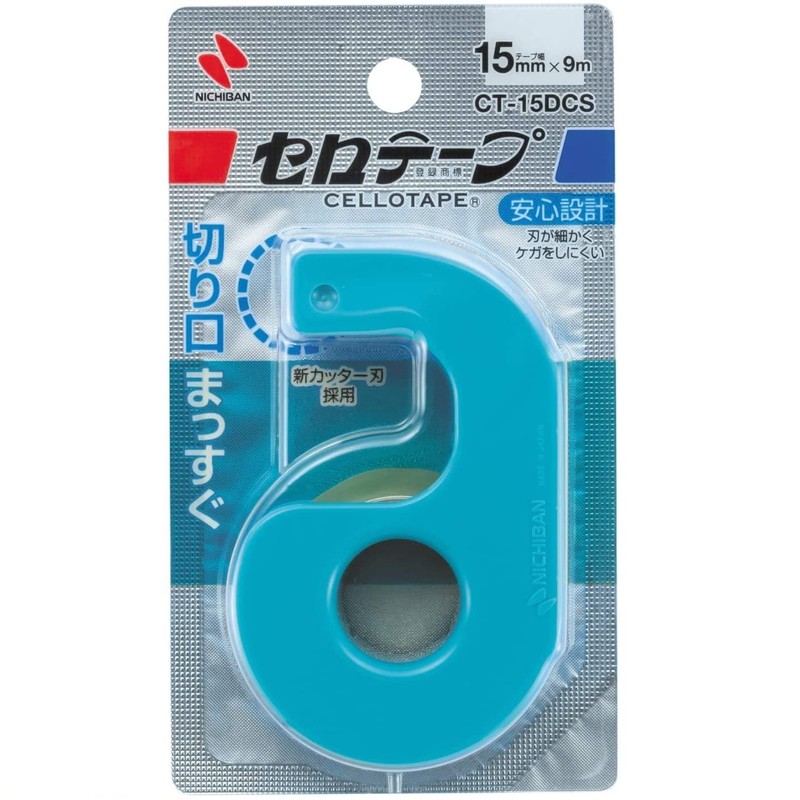 Nichiban CT-15DCS Cellotape Small Roll with Cutter, Straight Cutter, Sky