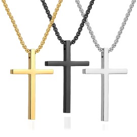 TKYGU Men's and women's Gold, Silver, black Stainless steel Cross Pendant necklace Simple and lovely jewelry (3 pieces (silver + black + gold): Pendant 1.2X0.7 inches, 18 inches)