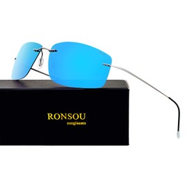 RONSOU Ultra-lightweight Rimless Titanium Men's Fashion Polarized Sunglasses for Driving Outdoor Gray Frame Blue Lens (Mirrored)