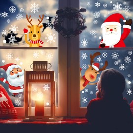 MSQ 4 Sheets Christmas Window Stickers,Window Clings Snowflake Snowman Santa Reindeer Xmas Window Stickers Kids Room DIY Christmas Decorations
