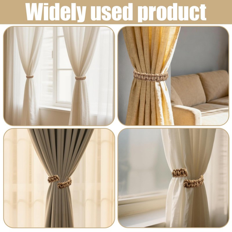 6 Pcs Braided Boho Curtain Tiebacks,Jute Rope Rustic Curtain Tie