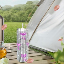 INSTOME 20oz Pink Bow Bling Tumbler,Rhinestone Bow Cup,Coquette Bow Bling Tumbler with Diamond Accents,Pink Thermal Water Bottle for Women