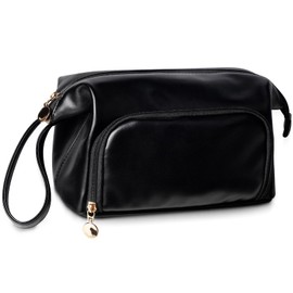 Abiudeng Makeup Bag for women,Toiletry Travel Makeup Bags Pouch with Brush Compartments, Large Portable Cosmetic Bag with Handle,Wide Open Cute Bag,PU Water-Resistant Makeup Bag-Black