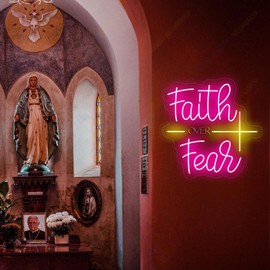 Faith Over Fear Neon Sign for Wall Decor Jesus Neon Light Christian LED Signs Dimmable Letters Neon Lights Signs for Bedroom Living Room Wedding Church Decor Neon Light for Christian Religious.