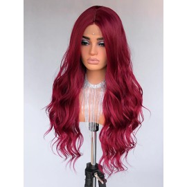 RunM Long Burgundy Wavy Wig for Women 26 Inches Long Curly Wavy Lace Wig Heat Synthetic Middle Part Natural Looking Silky Wig for Daily Use