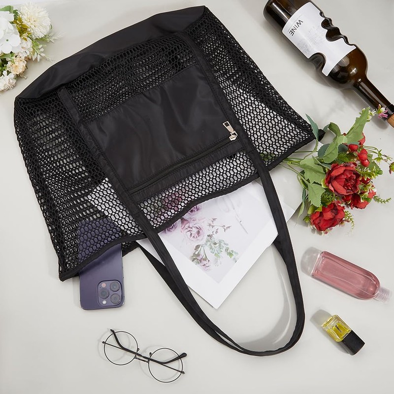 CREATCABIN Mesh Beach Bag for Women Beach Tote Bag With