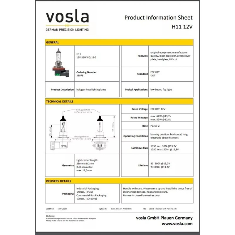 Vosla 10x- Vosla H11 Bulb Lamps Made In Germany PGJ19-2